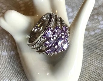 Cocktail Ring Costume Jewelry Purple Baguette Amethyst Rhinestones Statement Ring 8.5