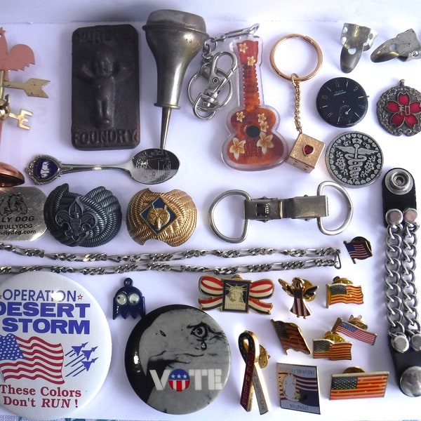 Vintage Junk Drawer Lot Oddities Boy Scout Watch Fob Keychains Guitar Picks Military Cast Iron Kewpie Mixed Destash Lot