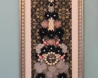 Framed Jewelry Christmas Tree Art Handmade Mixed Media Amazing Wall Decor