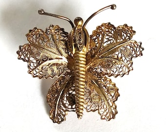 Filigree Butterfly Brooch Gold Over Sterling Vintage Costume Jewelry