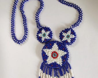 Vintage Native American Inspired Seed Bead Necklace Medallion Indigenous Powwow Star