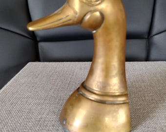 Sujetalibros con forma de cabeza de pato de latón macizo de la década de 1970, figura decorativa para escritorio o biblioteca.