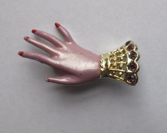 Broche de mano vintage con diamantes de imitación, bisutería figurativa, años 50