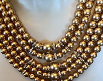 Gold Faux Pearl Necklace with Rhinestones Vintage Costume Jewelry Necklace
