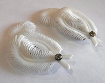 West Germany White Feather Old Plastic Earrings Vintage Costume Jewelry Clip Earrings