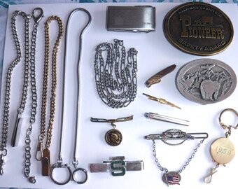 Vintage Junk Drawer Lot Watch Fobs Belt Buckles Neck Tie Bar Clip Money Clips Collectible Man Stuff