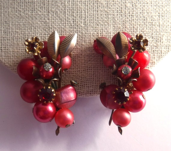 Gorgeous Rose Red Earrings Mid Century Estate Jew… - image 1