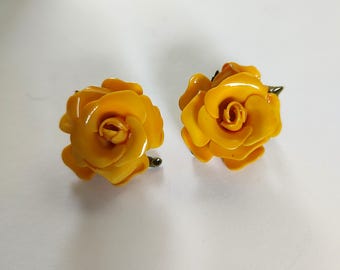 Yellow Celluloid Roses Earrings Vintage Clip On Flower Costume Jewelry