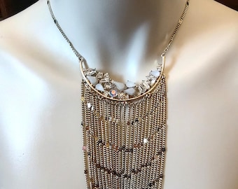 Gold Chain Tassel Fringe Necklace with Crystals Rhinestones Stunning Choker Statement Jewelry