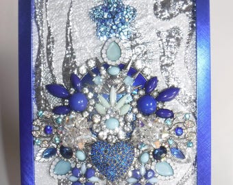 Vintage Jewelry Christmas Tree Framed Wall Art Holiday Decoration Evergreen Heart Love Rhinestone Jewelry Collage