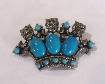 Crown Brooch Lion Head Unusual Faux Turquoise Stones Royalty Costume Jewelry Unique