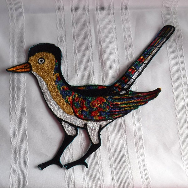 HUGE Embroidery Patch Vintage Bird Applique 8" x 11" Unusual Fashion Clothing Statement Piece Road Runner RARE