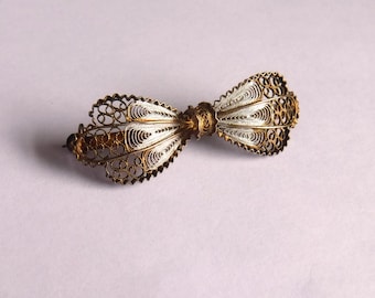 Broche de lazo de filigrana de plata 800 con lavado dorado, alfiler de bisutería vintage