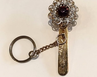 Vintage King's Key Finder Purse Clip Purple Glass Stone Ornate Clip Signed Key Chain