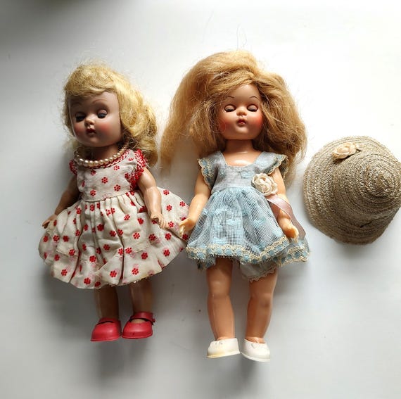Vintage Vogue Ginny Dolls PAIR 7" & 8" Hard Plastic Designer Mid Century Strung Doll Collectible