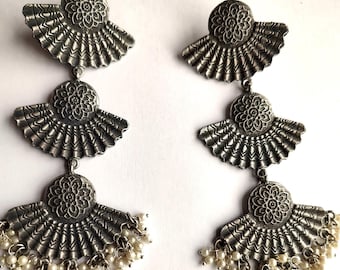 Vintage Indian Jhumka Earrings Dangle Silver Plated Jewelry Spiritual Longlife