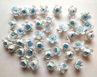 1950s Handmade Flower Beads Japan White Blue Flowers Old Plastic Unique Jewelry Supply 40 Pieces