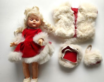 Vintage Vogue Ginny Doll Platinum Hair Red Velvet Fur Outfit Coat Hat Muff