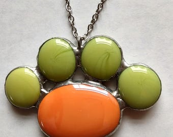 HUGE Paw Print Necklace Orange Green Opaque Glass Molded Statement Jewelry Dog Cat Animal Love