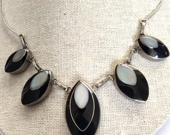 Stunning Black Onyx Mother of Pearl Leaf Pendant Necklace Artisan Silver Jewelry