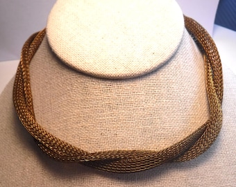 Gargantilla de malla dorada de los años 40, collar de malla elástica retorcida, joyería de fantasía retro, rara
