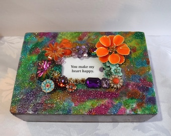 Wooden Keepsake Box Rainbow Glitter Embellished Treasure Box UNIQUE Gift of Love