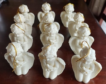 12 Porcelain Angel Ornaments Kneeling Holding Bird Textured Wings Christmas Decor