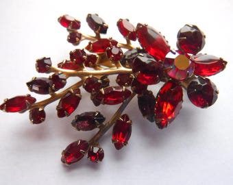 Vintage Red Rhinestone Flower Spray Brooch 1960s Costume Jewelry