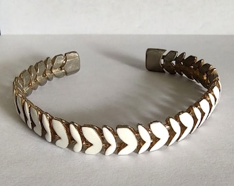 Vintage White Enamel Cuff Bracelet Mid Century Jewelry Petals Leaves Retro Design