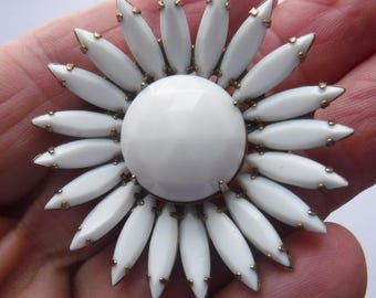 Milk Glass Sunburst Brooch White Ruffle Costume Jewelry Pin Gorgeous!