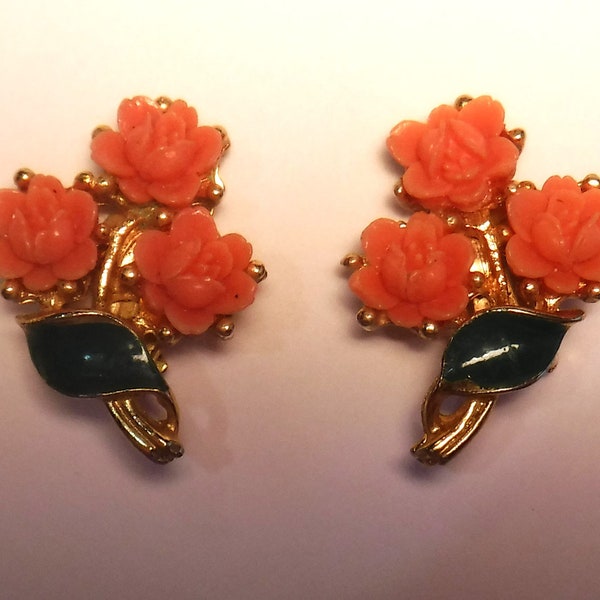 1940s Carved Coral Celluloid Flower Blossom Earrings Enamel Highlights Fine Costume Jewelry