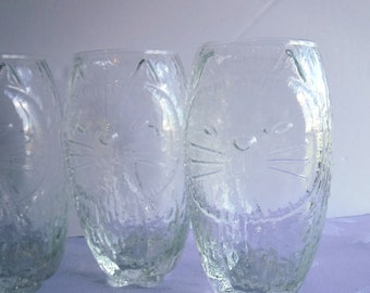 Set of 4 Vintage Cat Glasses Clear Drinking Glasses Unusual Adorable Pressed Glass Kitchen Dining