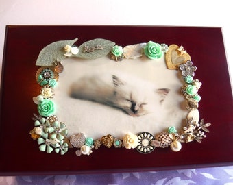 Jewelry Embellished Treasure Box Bejeweled Keepsake Box Sleeping Kitten UNIQUE Gift of Love