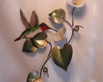 Hummingbird Flower Blossoms Metal Wall Art Sculpture 1970s Vintage Home Decor 3 D Copper Enamel Bovano of Cheshire