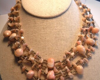 1950s Four Strand Pink Shell Necklace Japan Unusual Vintage Costume Jewelry Necklace