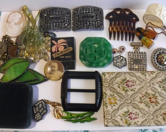 Vintage Junk Drawer Vanity Purse Jewelry Shoe Clips Pins Scarf Clip Old Photo Pin Hair Comb Old Coin Charms Shell Buckle Random Lot