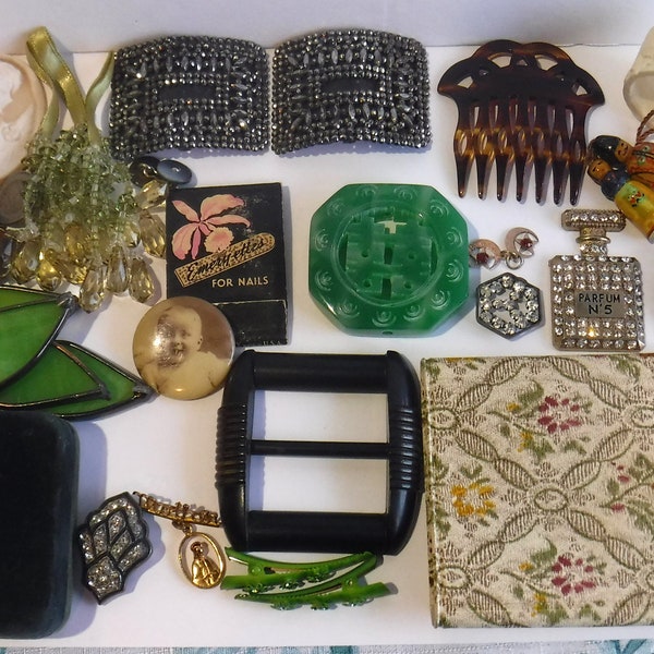 Vintage Junk Drawer Vanity Purse Jewelry Shoe Clips Pins Scarf Clip Old Photo Pin Hair Comb Old Coin Charms Shell Buckle Random Lot