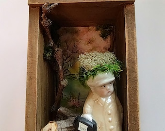 Tiny Diorama Art Love Doctor Cottage Trees Upcycled Unique Mixed Media Collage Kindness Ninja