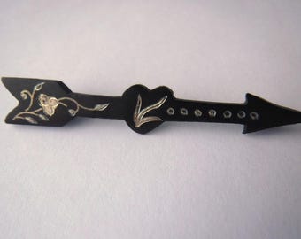 Antique Mourning Brooch Etched Flower Black Arrow Heart Old Metal Brooch Pin Jewelry