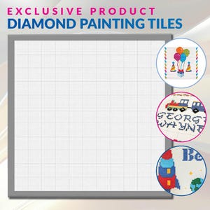 May include: A white gridded canvas for diamond painting with three example designs. The designs include a train with the name "George Wayne" on the side, a rocket ship with the word "Believe" on the side, and a group of balloons with party hats.