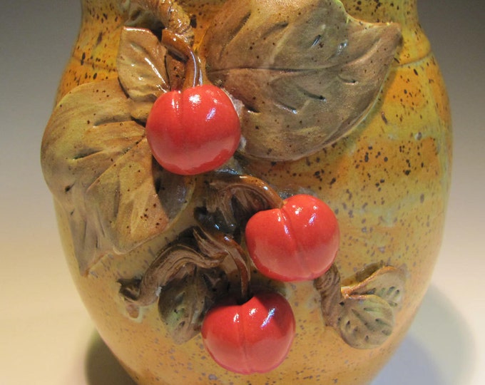 Pottery Vase Yellow Gold Vase With Cherries Etsy