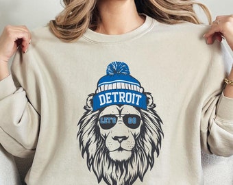 Motor City Lion Beanie Graphic Sweatshirt Cool Sunglasses Michigan Pride Shirt Game Day Fan Apparel Urban Style Animal Lover Gift