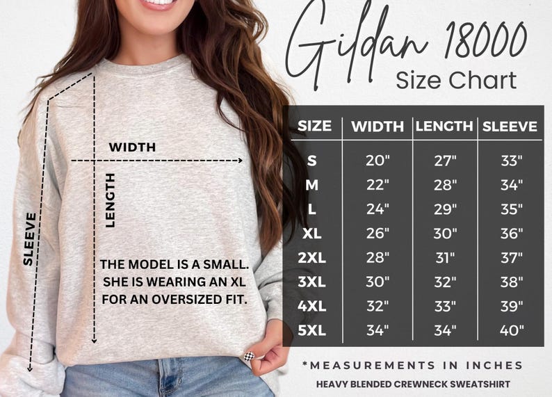 May include: Gildan 18000 Size Chart for a heavy blended crewneck sweatshirt. The chart shows measurements in inches for width, length, and sleeve length for sizes S through 5XL.