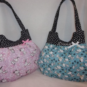 Fleurs bleues de Snoopy Woodstock ~, cacahuètes 6 choix de tissus sac à main boutique fourre-tout petit sac à main à personnaliser snoopy amateurs