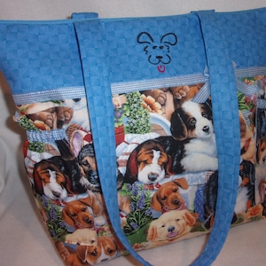 Dogs Puppies blue brown tote handbag purse personalize 2 sizes Lab~shepherd~retreiver~corgi~doxie~Beagel~Bernese~St. Bernard and more