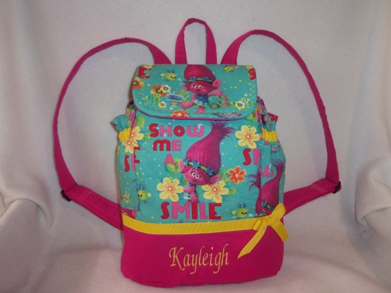 Handmade Poppy Troll Backpack: Personalized School book Bag, Aqua & Hot Pink pick trim colors add a name