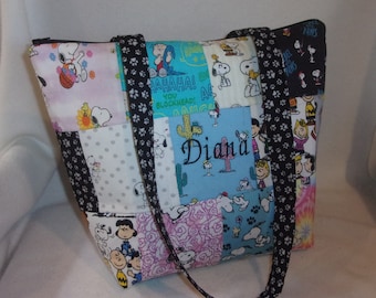 Quilted Charlie Brown Peanuts Tote Bag: Snoopy Handbag, Interior Pockets paw print personalize it each bag different