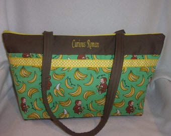 handmade Curious George Diaper Bag: Handmade XXLG Travel Tote purse craft bag 3 fabric choices add a name choose trim color