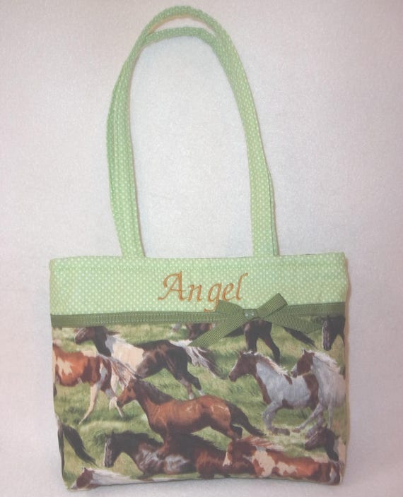 Toddler girls Horse Tote purse Bag: Green Equestrian Purse personalize sweet gift for horse lover