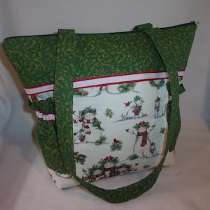 Christmas Snowmen Family Tote Bag: Handmade Holiday Purse with holly I can add a  name to your fun tote handbag purse